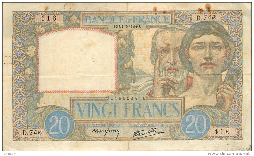 BILLET DE 20 FRANCS SCIENCE ET TRAVAIL BB 1/8/1940 - 20 F 1939-1942 ''Science Et Travail''