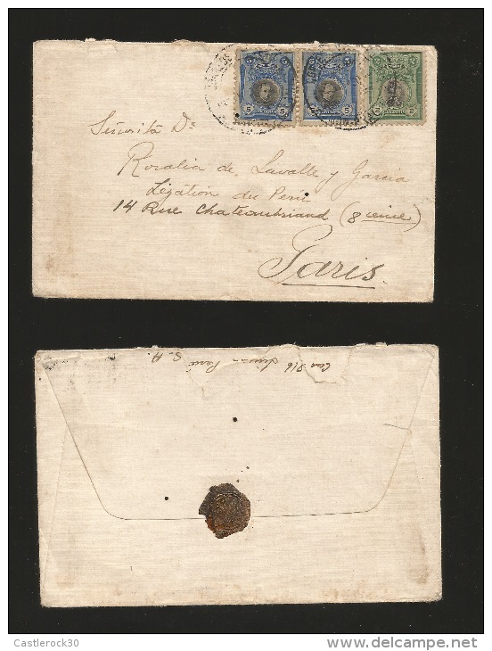 G)1918 PERU, 5C MANUEL PARDO, PAIR-2C BOLIVAR, CIRCULATED COVER TO PARIS, WAX SEAL AT THE BACK, XF - Peru