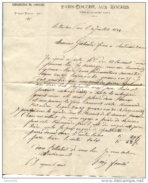 Lettre Et Enveloppe De PONS - PARIS FOUCHÉ Aux ROCHES - Adressée à La Tremblade En 1884 Avec Timbre YT 101 (?) 15c - Pons