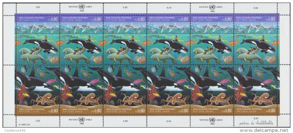 O) 1992 UNITED NATIONS - GENEVA, CLEAN OCEANS , ORCINUS ORCA, TRICHECHUS MANATUS, MINI SHEET MNH - Unused Stamps