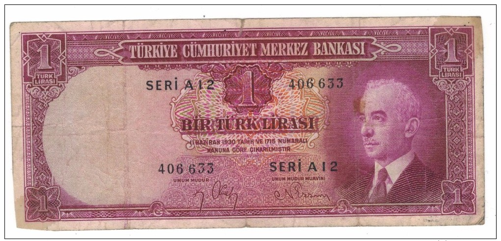 Turkey 1 Lira L. 1930 (1942) Used, Rare, FREE SHIP. TO USA - Turkije