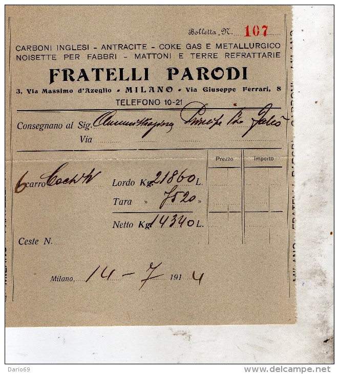 1914 MILANO - FRATELLI PARODI CARBONI INGLESI - Italia