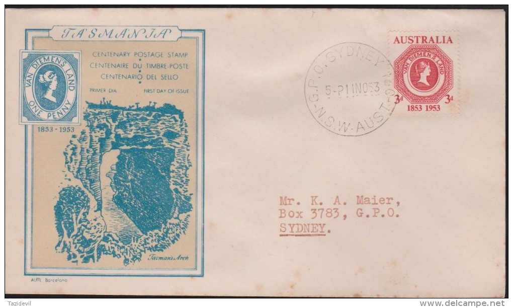 TASMANIA - Scarce 1953 Postage Stamp Centenary First Day Cover. Producer Alfil Barcelona. Very Few Of These Exist. - Cartas & Documentos