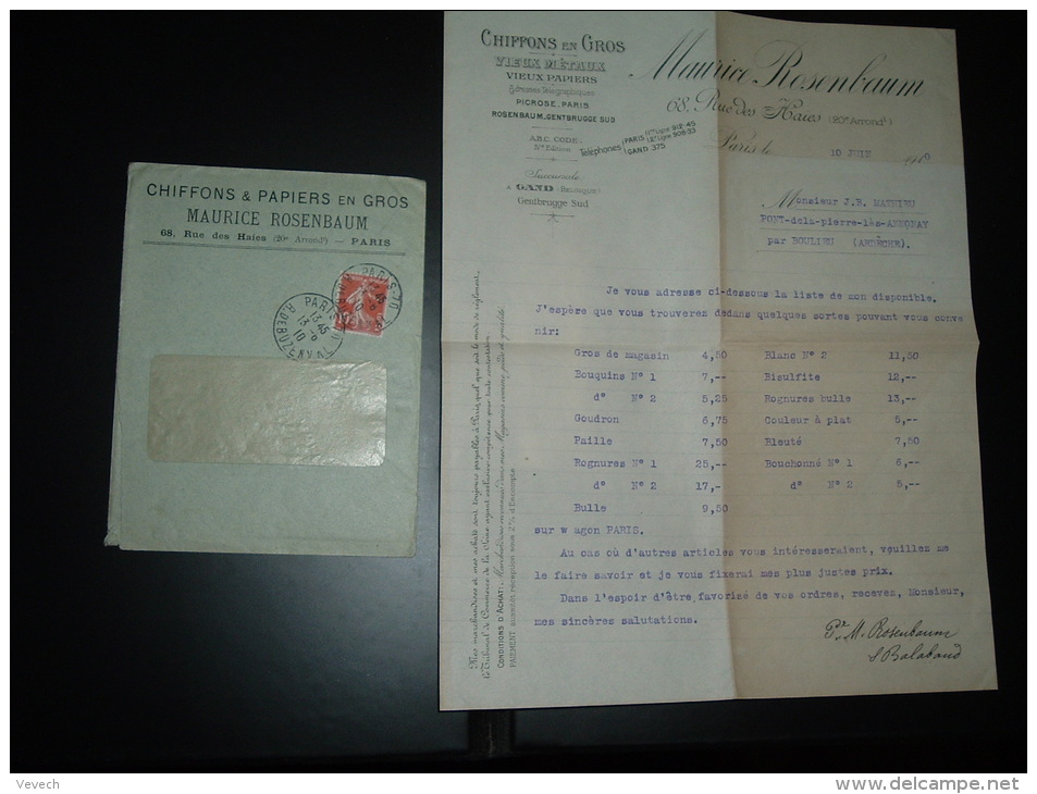 LETTRE TP SEMEUSE 10c OBL.13-6-10 PARIS 70 + MAURICE ROSENBAUM CHIFFONS &amp; PAPIERS EN GROS - Sonstige & Ohne Zuordnung