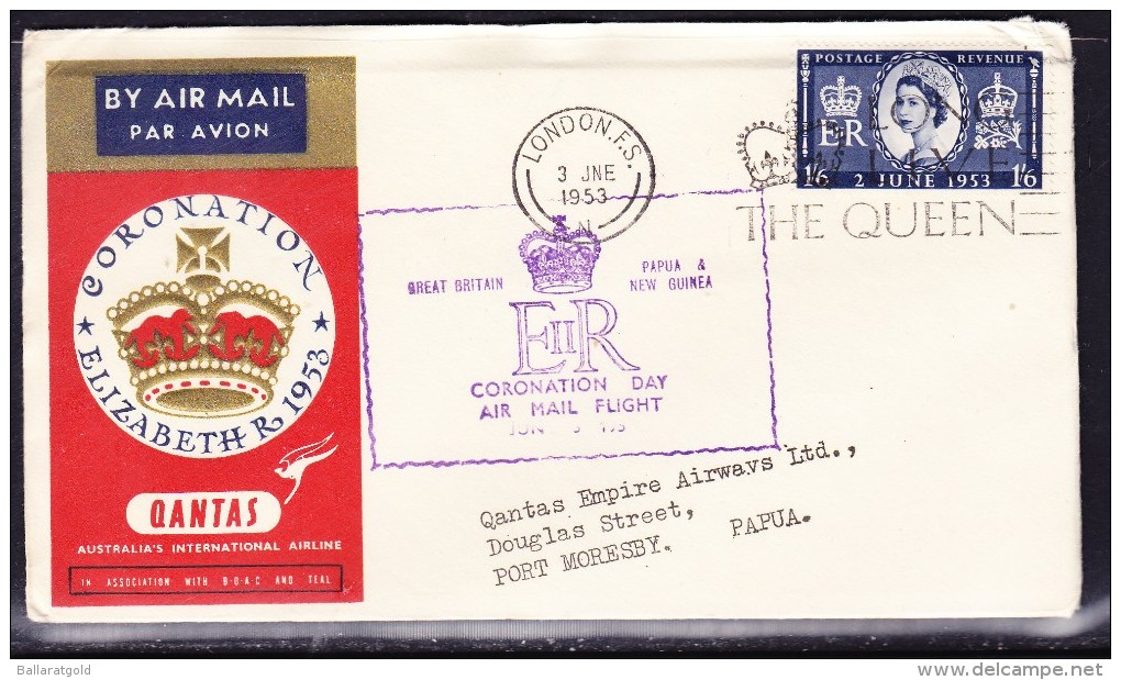 GB 1953 QANTAS Coronation London To Port Moresby Inaugural Flight Cover - Covers & Documents