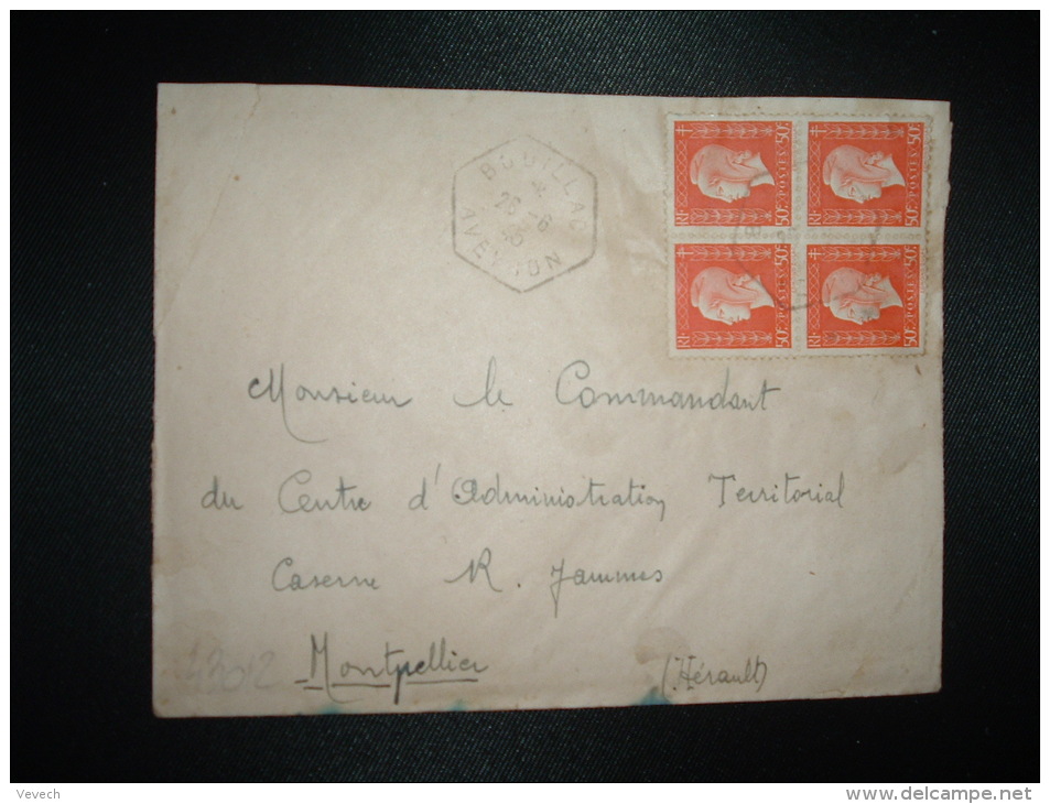 LETTRE TP MARIANNE DE DULAC 50c BLOC DE 4 OBL. HEXAGONALE 26-6-45 BOUILLAC (12 AVEYRON) - 1944-45 Marianne De Dulac