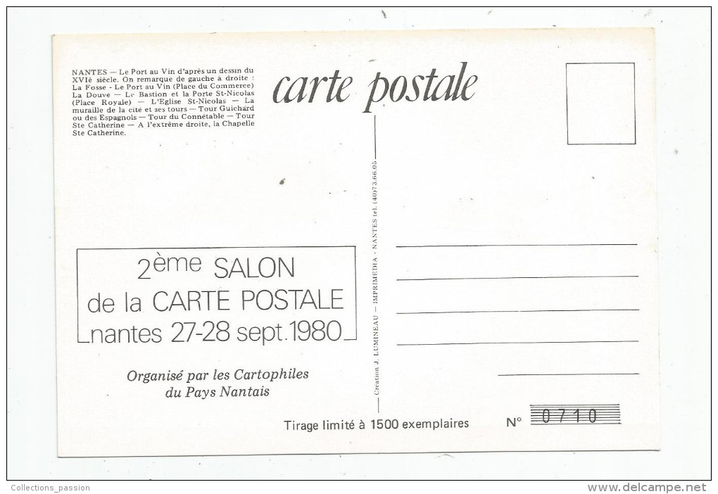 Cp , Bourses & Salons De Collections , 2 éme Salon De La Carte Postale , Nantes , 1980 , N° 710/1500 , Le Port Au Vin - Beursen Voor Verzamellars
