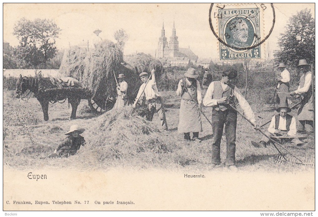 Eupen Heuernte Avec Phrase" On Parle Français" Très Belle Carte Avec Moissonneur, Cheval Et Charrée - Eupen