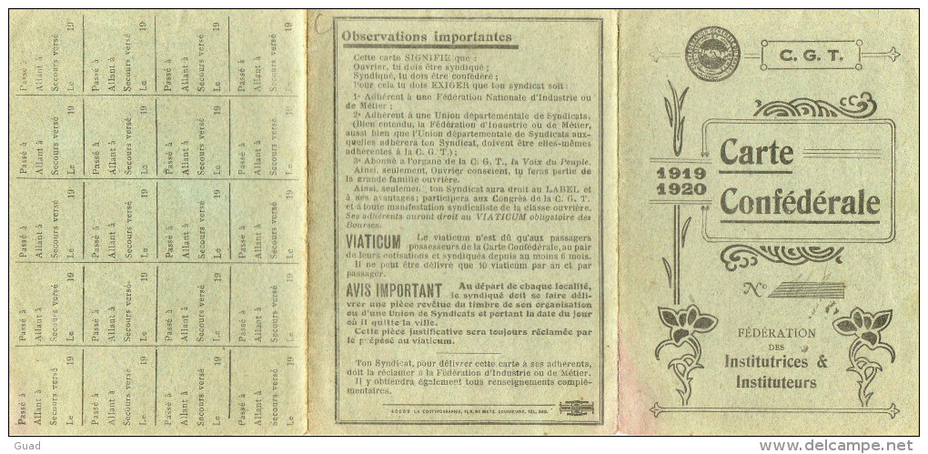 SYNDICAT CARTE CONFEDERALE C.G.T. 1919 1920 INSTITUTEUR LA CHAPELLE SAINT-REMY - Syndicats