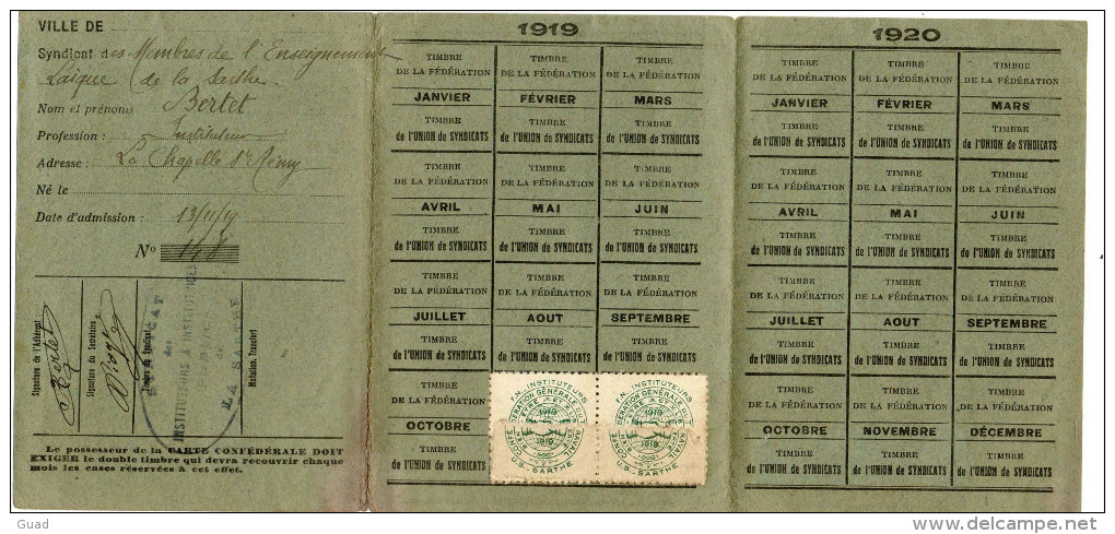 SYNDICAT CARTE CONFEDERALE C.G.T. 1919 1920 INSTITUTEUR LA CHAPELLE SAINT-REMY - Labor Unions