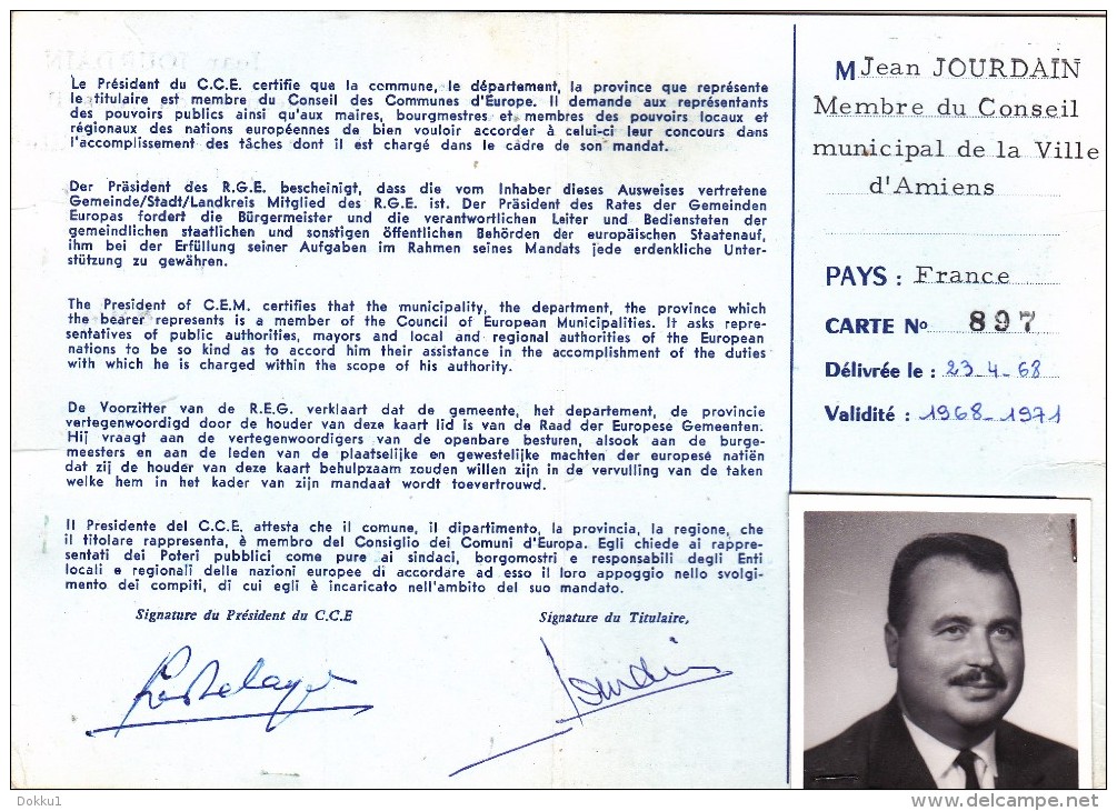 Conseil Des Communes D'Europe - Carte Européenne De Légitimation - Membre Du Conseil Municipal D'Amiens, 1968. - Documents Historiques