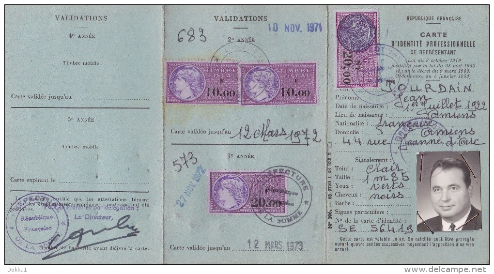 Carte D'identité Professionnelle De Représentant - Activité De Placement - Délivré à Amiens Le 12 Mars 1970 - Banque & Assurance