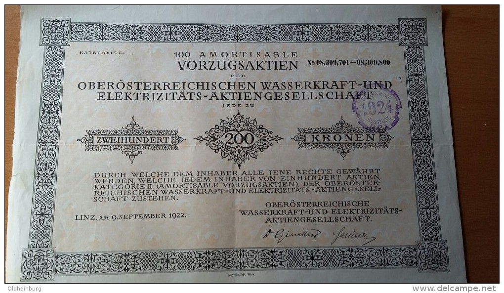 4001a: Aktie Oberösterreichische Wasserkraft- Und Elektriziäts- AG 1922 - Water