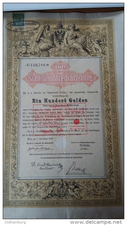 4001c: Österreichische Staatsschuldverschreibung 1868, 100 Gulden, D-Ö. Kontrollmarke - M - O