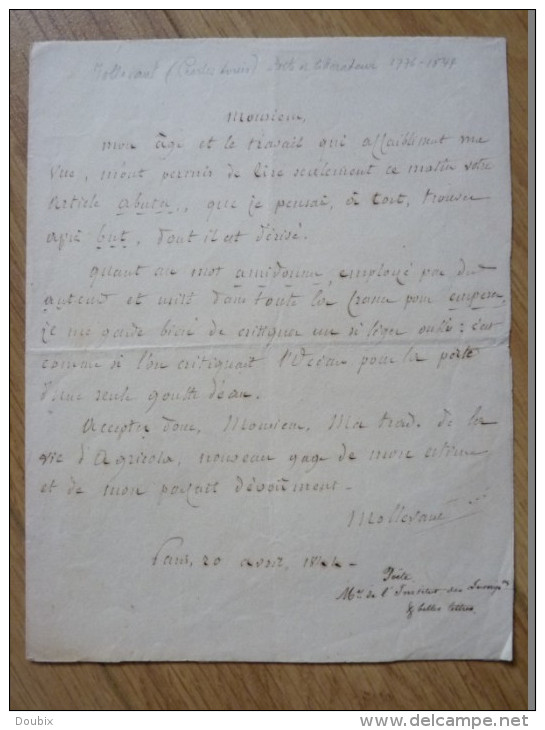 Charles Louis MOLLEVAUT (1776-1844) Poète Nancy - Académie Inscriptions. AUTOGRAPHE - Autres & Non Classés