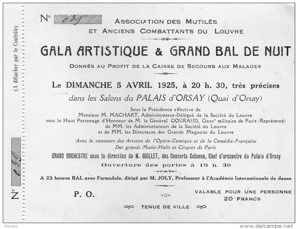 Association Des Anciens Combattants Du Louvre -  Gala Artistique Et Grand Bal - 5 Avril 1925 Au Palais D' Orsay . - Unclassified