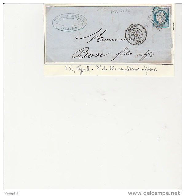 N*60 TYPE III SUR LETTRE PARTIELLE -VARIETE  " 2 Du 25 C Déformé . ANNEE 1874 - 1849-1876: Klassieke Periode