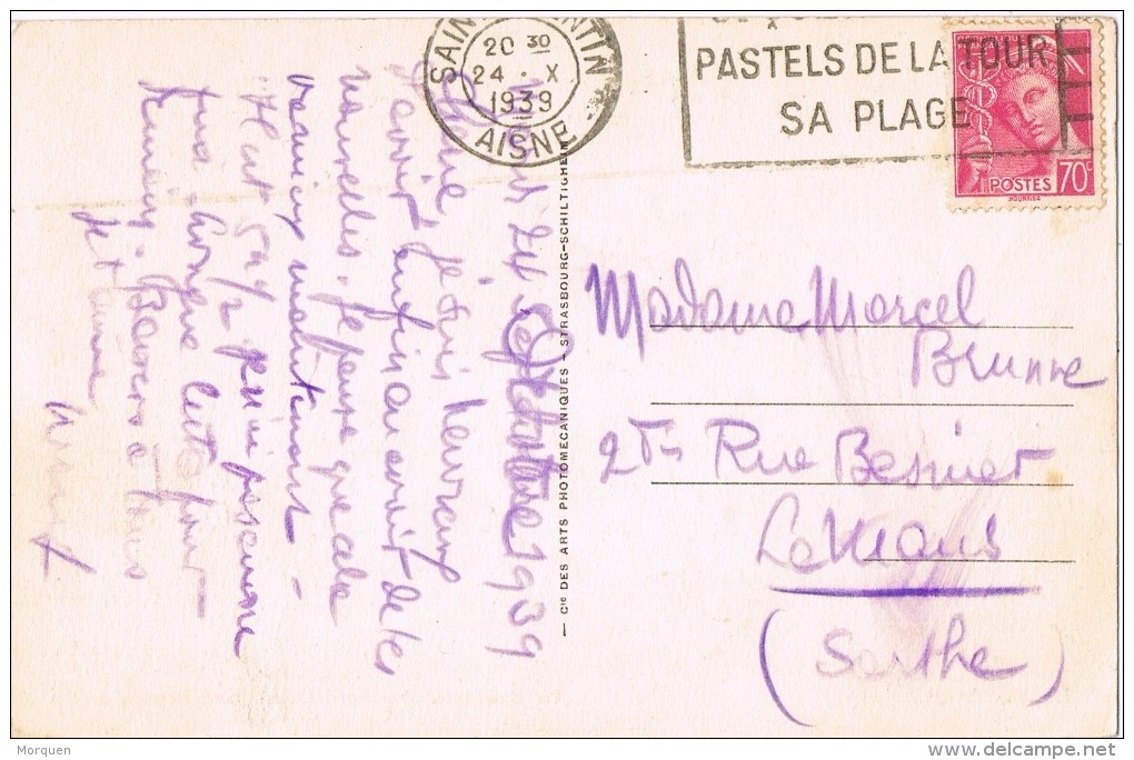 16875. Postal SAINT QUENTIN (aisne) 1939. Flamme Pastels De La Tour, La Plage - Cartas & Documentos