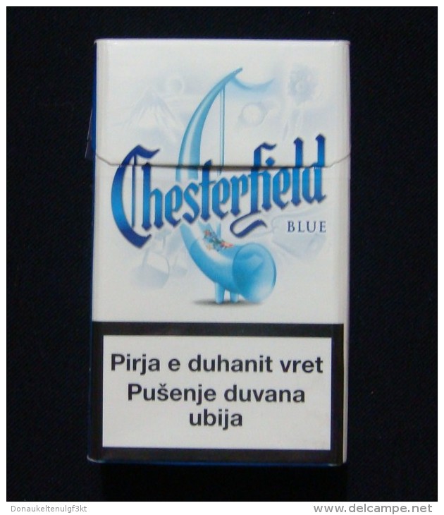 KOSOVO (SERBIA) CHESTERFIELD BLUE EMPTY HARD PACK, USA CIGARETTES KOSOVO EDITION WITH FISCAL REVENUE STAMP. - Empty Tobacco Boxes