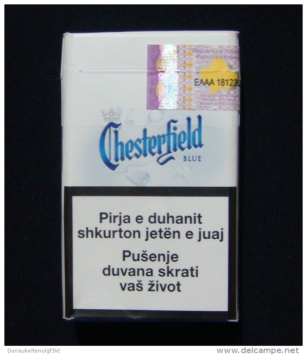 KOSOVO (SERBIA) CHESTERFIELD BLUE EMPTY HARD PACK, USA CIGARETTES KOSOVO EDITION WITH FISCAL REVENUE STAMP. - Empty Tobacco Boxes