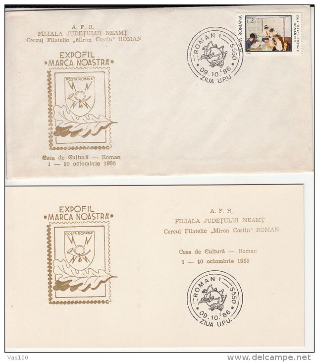 UPU SPECIAL POSTMARK, SCOUTS, SCUTISME, YOUTH PIONEERS STAMP, PHILATELIC EXHIBITION SPECIAL COVER+CARD, 1986, ROMANIA - UPU (Wereldpostunie)