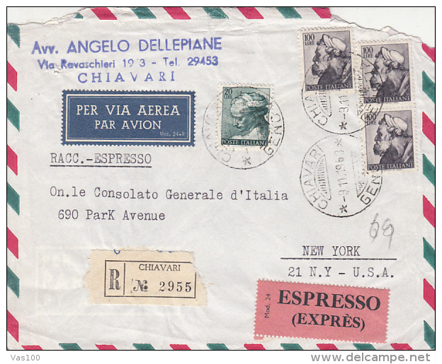 MICHELANGELO PAINTINGS FROM SISTINE CHAPEL, STAMPS ON REGISTERED COVER, 1968, ITALY - 1961-70: Used