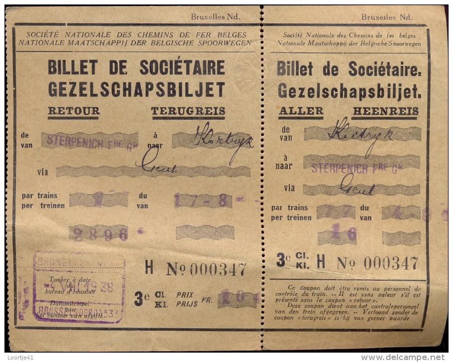 Treinticket Gezelschapbiljet  Billet Train De Sociétaire - Sterpenich - Kortrijk 1938 - Europa