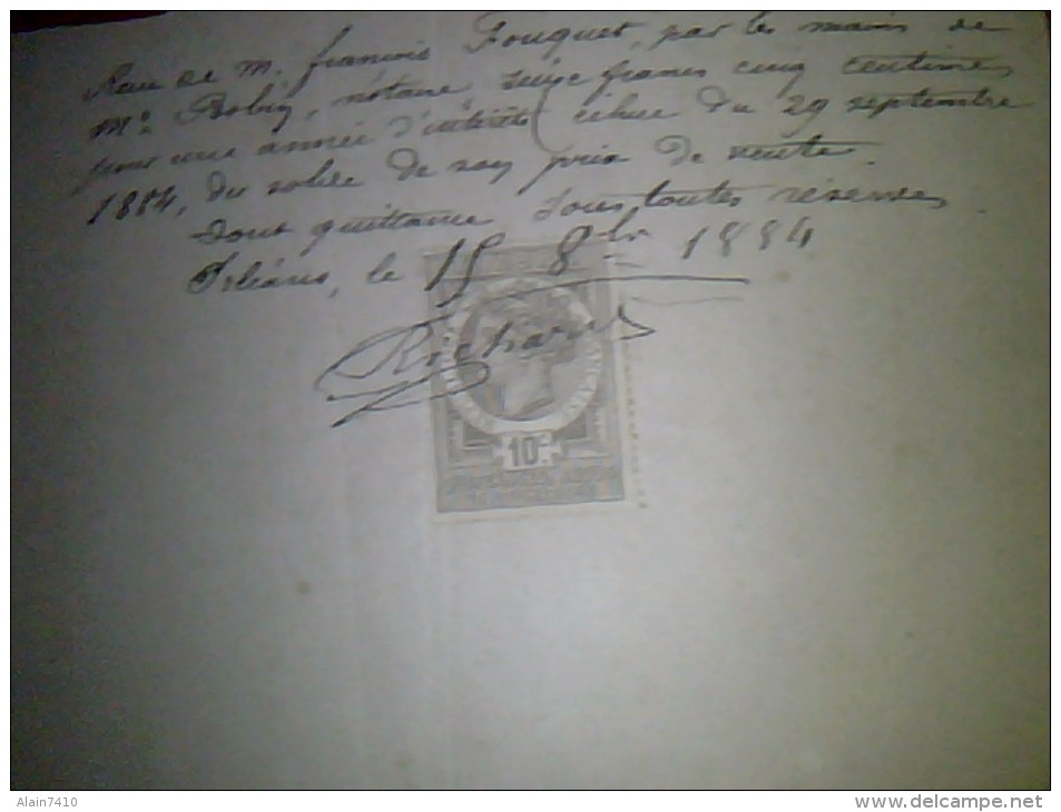 Vieux Papier Avec Timbre Fiscal De Quitance Recu Et Decharge Sur Lettre  Facial 10 Ct  Recu  De 1884 Ecrit A La Plume - Storia Postale