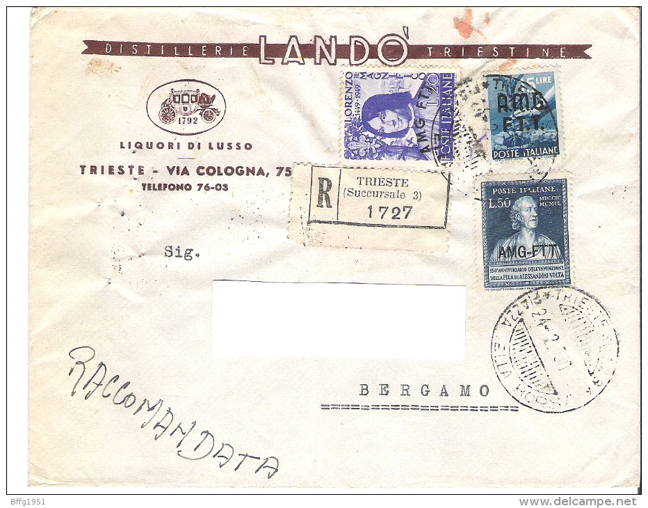 TRIESTE AMG FTT - RACCOMANDATA 1950 CON FRANCOBOLLO DA 20 LIRE + 15 LIRE + 50 LIRE - Storia Postale