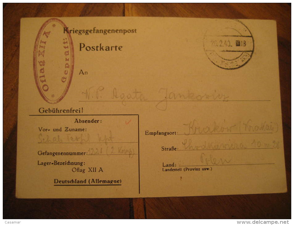 Kriegsgefangenenpost 1940 To Krakow POW Prisoner Of War Militar Card Poland Germany Occupation - Gevangenkampen