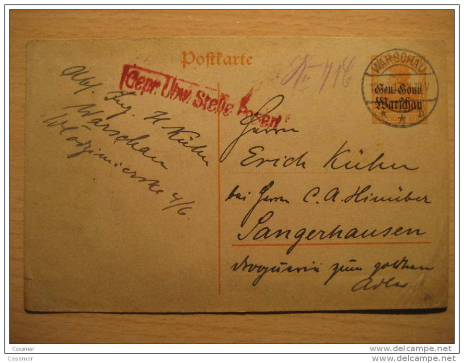 Warsaw Warszawa 1917 To Sangerhausen Germany German Oc WW1 War Militar Censor Censored O.p. Stationery Poland Polska - Briefe U. Dokumente