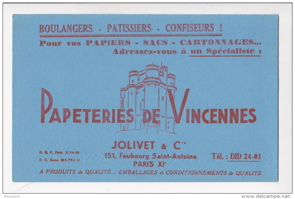 Buvard JOLIVET Et Cie Papeteries De VINCENNES Boulangers Patissiers Confiseurs Adressez Vous à Un Spécialiste - Papeterie