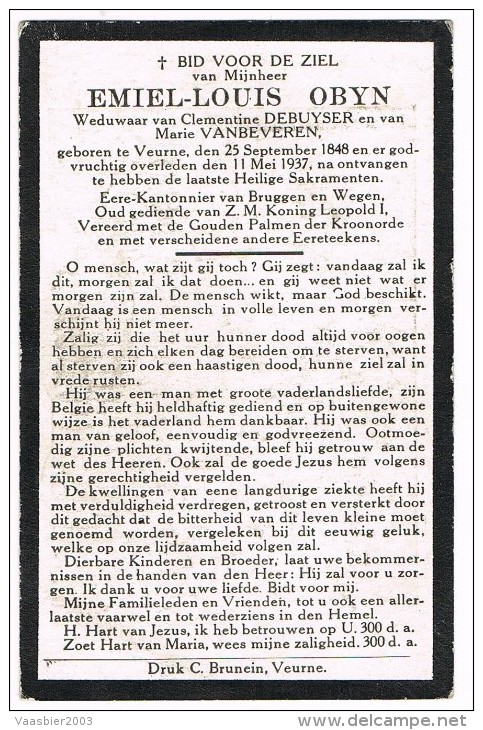 VEURNE  - Doodsprentje Van EMIEL-LOUIS OBYN ( OUD GEDIENDE Leopold I ) + 1937 - Religion & Esotericism