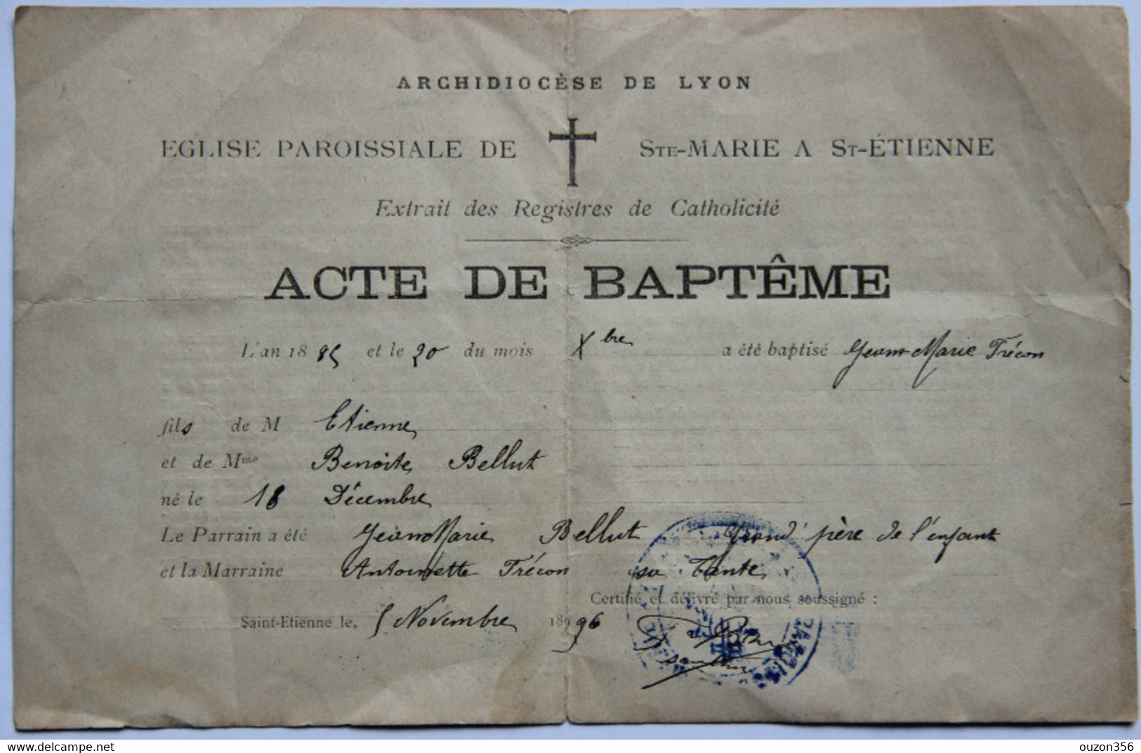 ACTE DE BAPTÊME, Eglise Paroissiale Ste-Marie à ST-ETIENNE (LOIRE) - Birth & Baptism