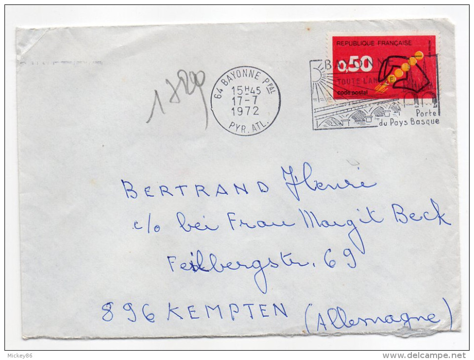 1972--tp N°1720--Code Postal  0.50F  Seul Sur Lettre -cachet Flamme BAYONNE--64--destination KEMPTEN- Allemagne - 1961-....