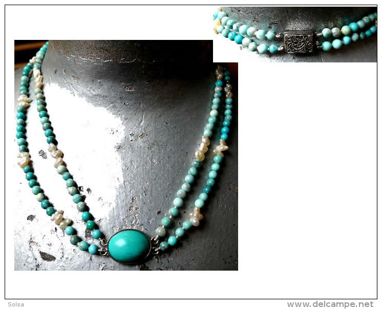 Ancien Collier Argent Turquoises Double Rang - Kettingen