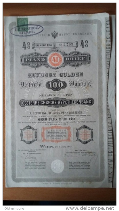 4001g: Österreichische Hypothekenbank Pfandbrief 100 Gulden 1886 (mit 17 Talons) - G - I