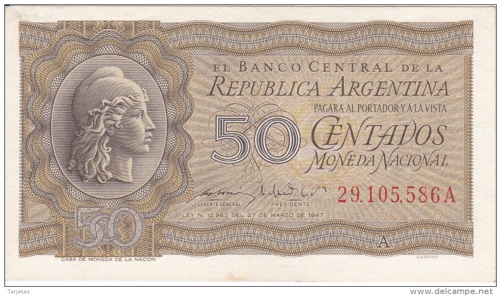 BILLETE DE ARGENTINA DE 50 CENTAVOS DEL AÑO 1947 CALIDAD EBC (XF) (BANKNOTE) - Argentina