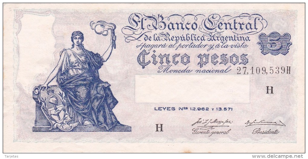 BILLETE DE ARGENTINA DE 5 PESOS LEYES Nº 12962 Y 13571 SERIE H  (BANKNOTE) DIFERENTES FIRMAS - Argentina