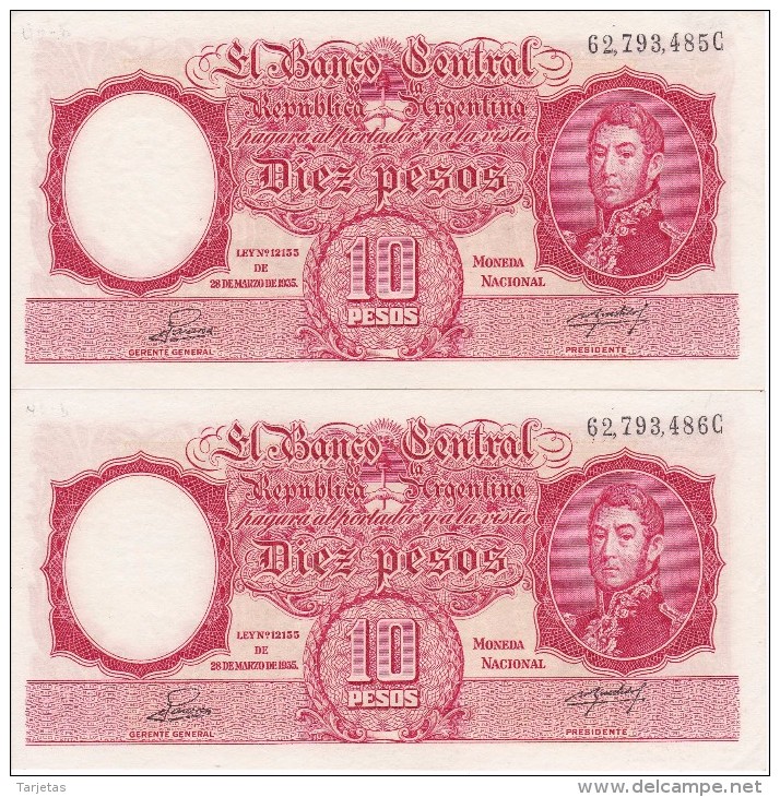 P-265 PAREJA CORRELATIVA DE 10 PESOS LEY Nº 12155 DEL AÑO 1954 EN EBC (XF) (BANKNOTE) DIFERENTES FIRMAS - Argentina