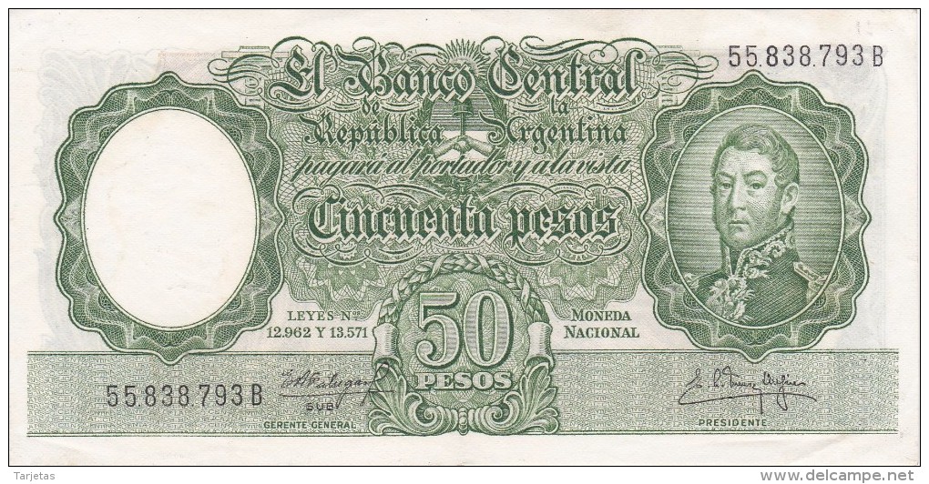 BILLETE DE ARGENTINA DE 50 PESOS LEYES Nº 12962 Y 13571 CALIDAD EBC (XF) (BANKNOTE) DIFERENTES FIRMAS - Argentina