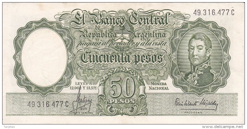 BILLETE DE ARGENTINA DE 50 PESOS LEYES Nº 12962 Y 13571 CALIDAD MBC (VF) (BANKNOTE) DIFERENTES FIRMAS - Argentina