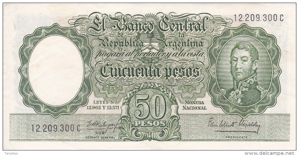 BILLETE DE ARGENTINA DE 50 PESOS LEYES Nº 12962 Y 13571 CALIDAD MBC (VF) (BANKNOTE) DIFERENTES FIRMAS - Argentina