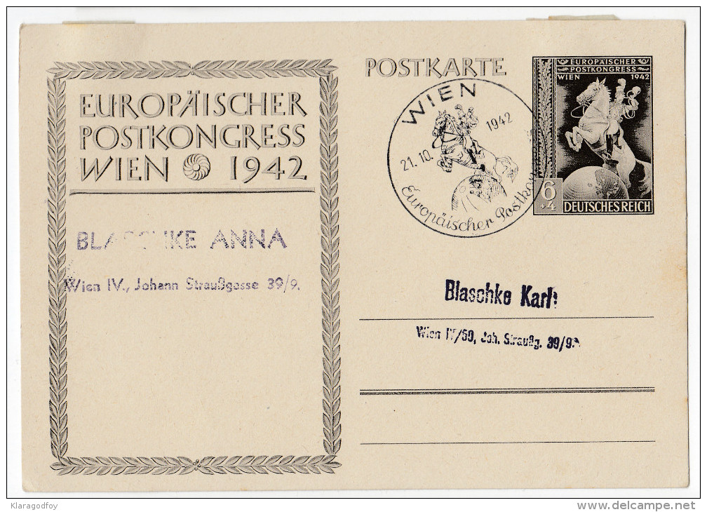 Europaisches Postkongress Wien 1942 Illustrated Postal Stationery Postcard Postkarte Postmarked Bb160225 - Sonstige & Ohne Zuordnung