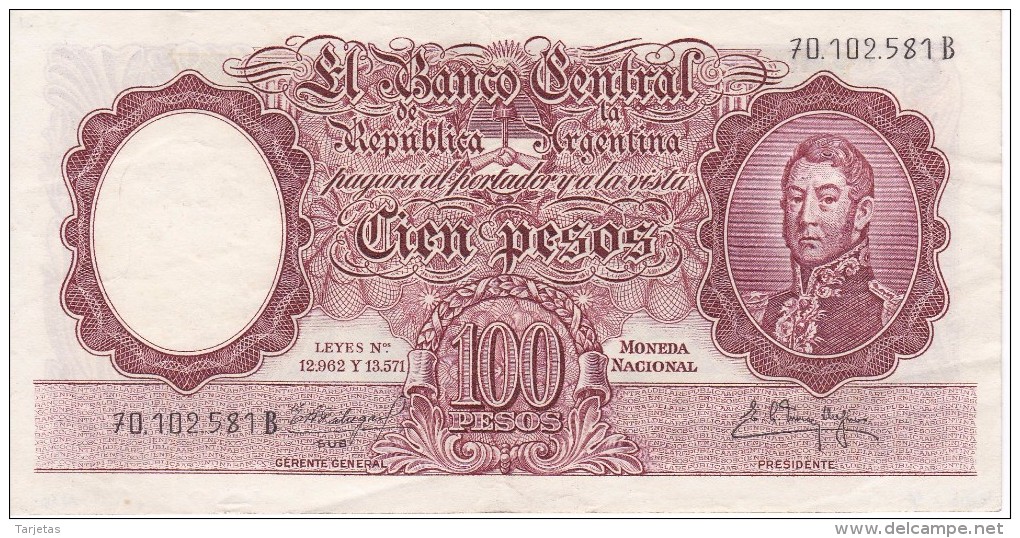 BILLETE DE ARGENTINA DE 100 PESOS LEYES Nº 12962 Y 13571  AÑOS 1957 A 1967 EN EBC (XF) (BANKNOTE) DIFERENTES FIRMAS - Argentine