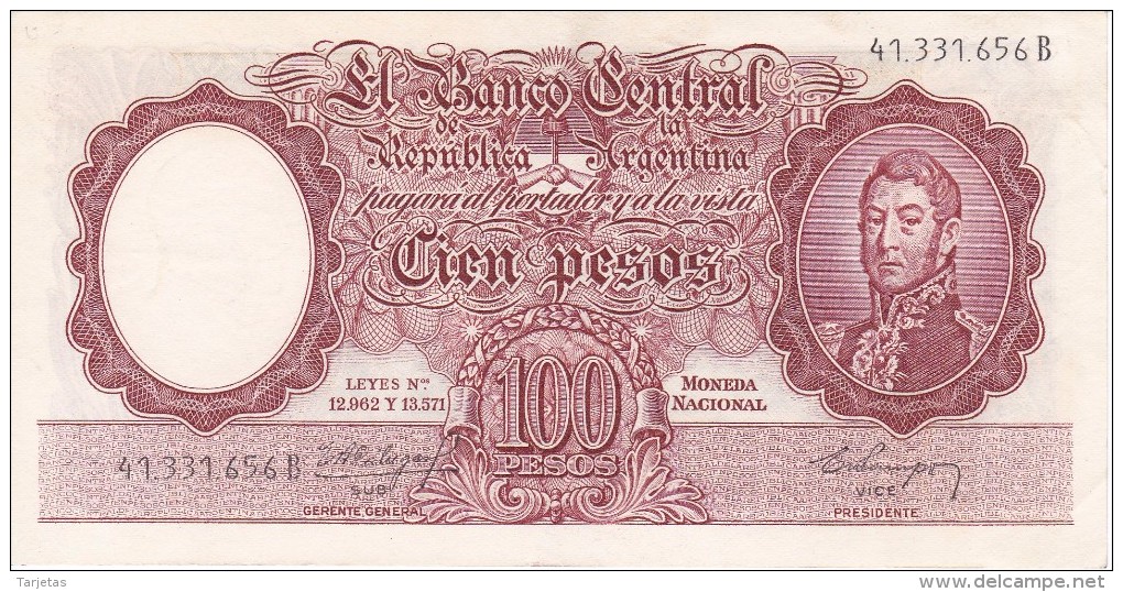 BILLETE DE ARGENTINA DE 100 PESOS LEYES Nº 12962 Y 13571  AÑOS 1957 A 1967 EN EBC (XF) (BANKNOTE) DIFERENTES FIRMAS - Argentina