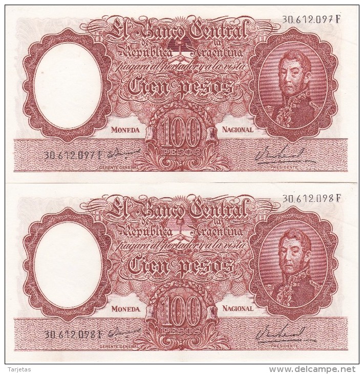 PAREJA CORRELATIVA DE 100 PESOS MONEDA NACIONAL  AÑOS 1967 A 1969 EN EBC (XF) (BANKNOTE) DIFERENTES FIRMAS - Argentina