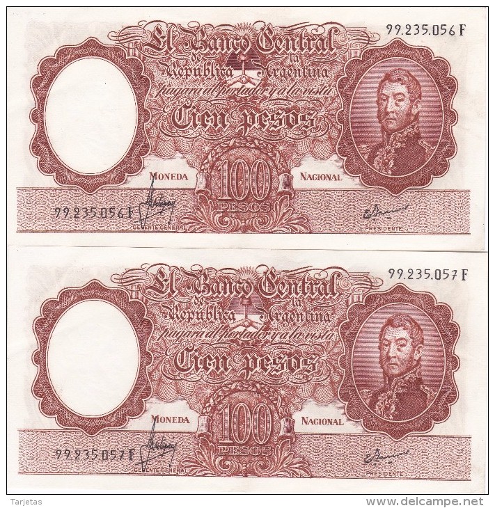 PAREJA CORRELATIVA DE 100 PESOS MONEDA NACIONAL  AÑOS 1967 A 1969 EN EBC (XF) (BANKNOTE) DIFERENTES FIRMAS - Argentina