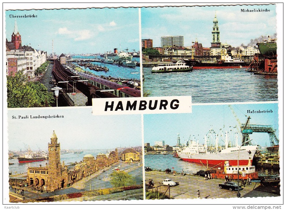 Hamburg: Hafenbetrieb: VW KÄFER/COX, MERCEDES HECK - OCEAN-DAMPFER & ZUG - Überseebrücke - Turismo