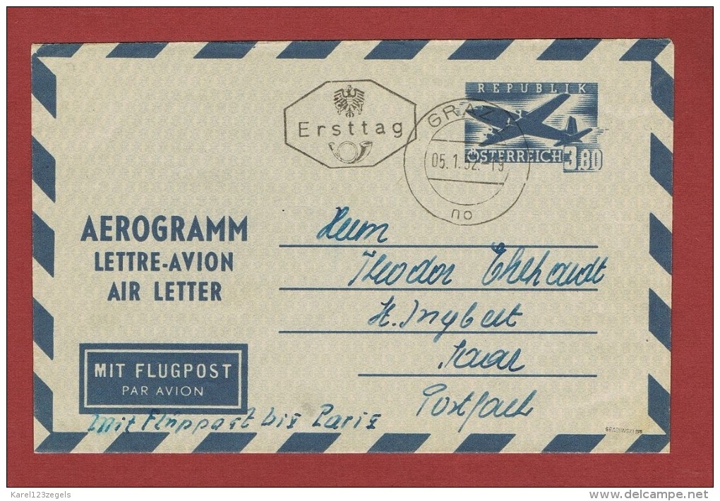 Luftpost Air Mail Aerogramm 3,80 Sch Ersttag 5/1/1952 Graz - St Ingbert Saar (Flug Bis  Paris??) - Briefe U. Dokumente